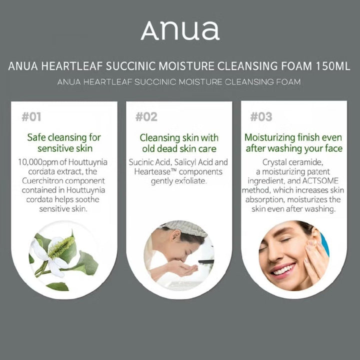 ANUA Heartleaf Succinic Moisture Cleansing Foam 150ml Health & Beauty Kbeauty markham toronto free ship USA asian korean