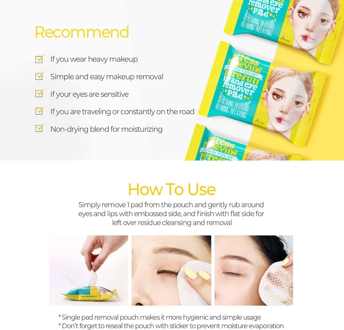 ARIUL Stress Relieving Lip & Eye Remover Pad 30 Pads Health & Beauty oceanbuy.ca markham toronto free ship USA asian korean skincare