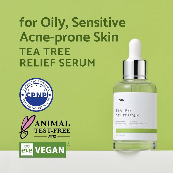 iUNIK Tea Tree Relief Serum calming formula for acne-prone skin