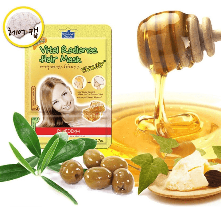 PUREDERM 2 - in - 1 Vital Radiance Hair Mask & Hair Cap 1Pcs - Honey Hair Care oceanbuy beauty markham toronto free ship USA asian korean skincare