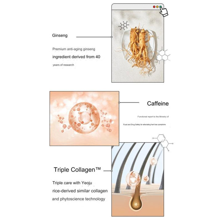 Ginseng and caffeine and triple collagen ingredients in RYO hair strengthen shampoo for root care