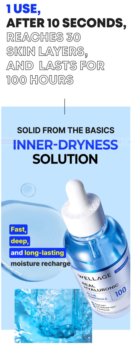 WELLAGE Real Hyaluronic Blue 100 Ampoule 60ml – 9 Molecular Hyaluronic Acid Hydrating Serum Serum 9